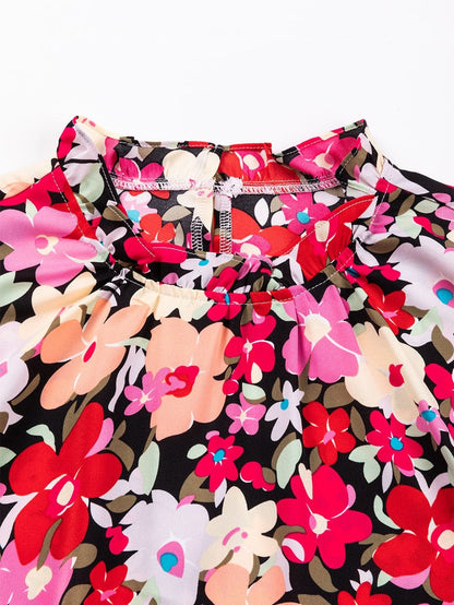 Rose Print Frilled Neck Smocked Bracelet Sleeve Blouse