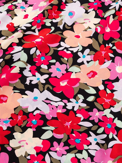 Rose Print Frilled Neck Smocked Bracelet Sleeve Blouse