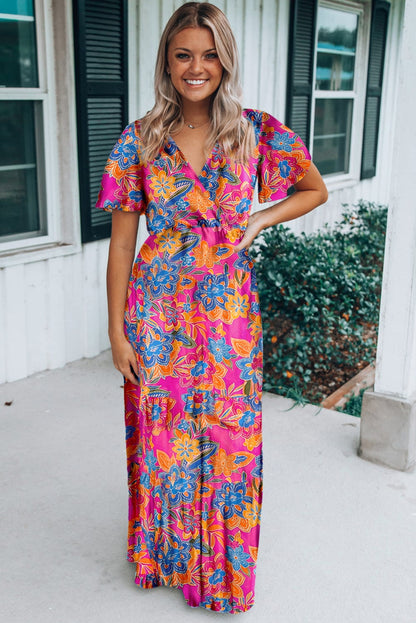 Rose Print Wrap V Neck Boho Maxi Dress