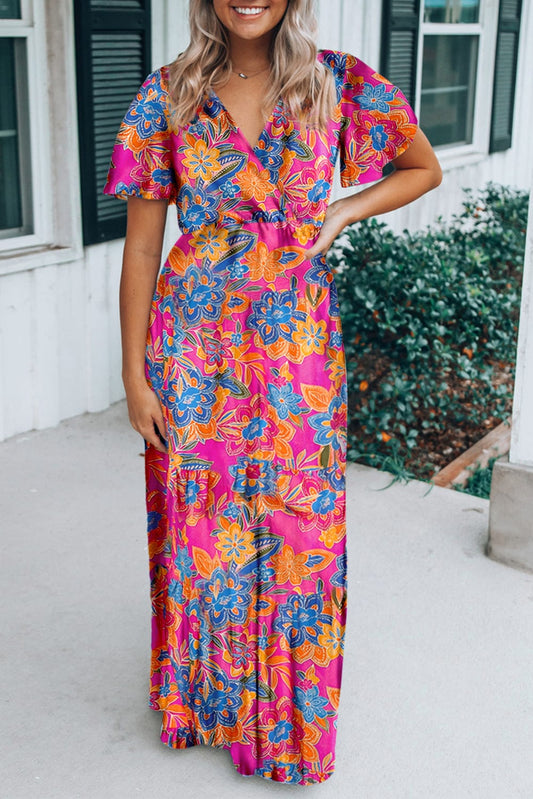 Rose Print Wrap V Neck Boho Maxi Dress