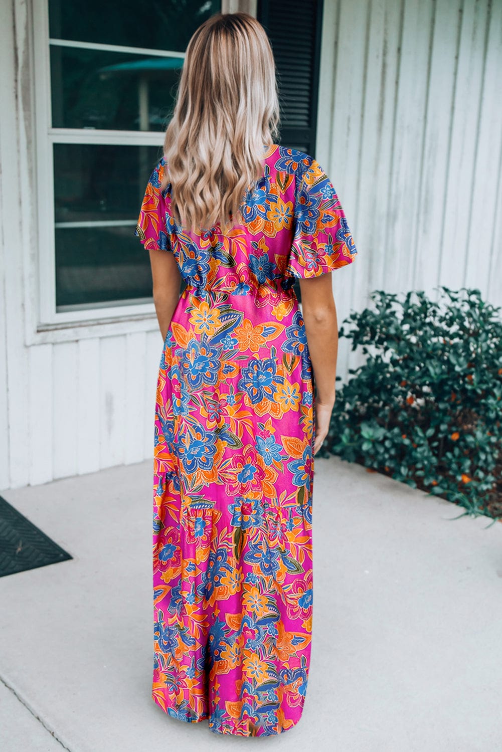 Rose Print Wrap V Neck Boho Maxi Dress
