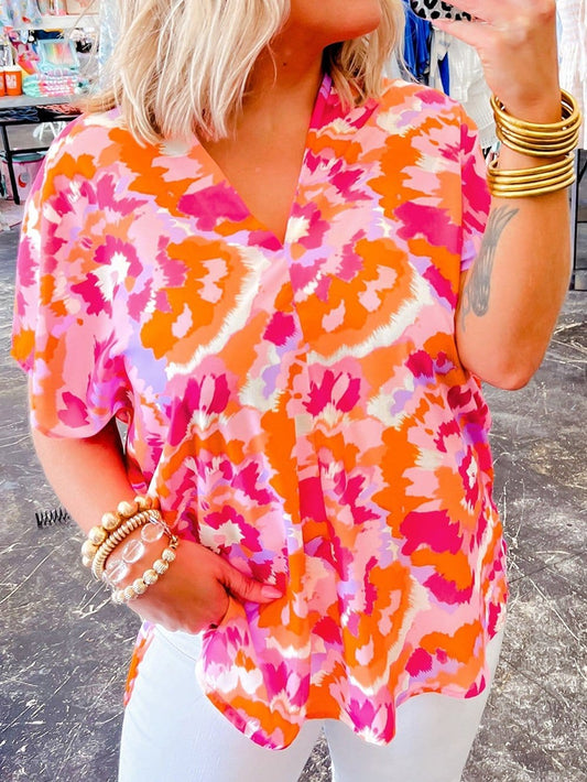 Rose Red Abstract Pattern V Neck Lightweight Summer Blouse