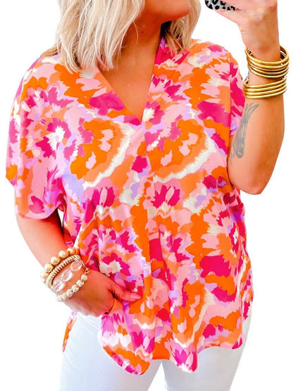 Rose Red Abstract Pattern V Neck Lightweight Summer Blouse