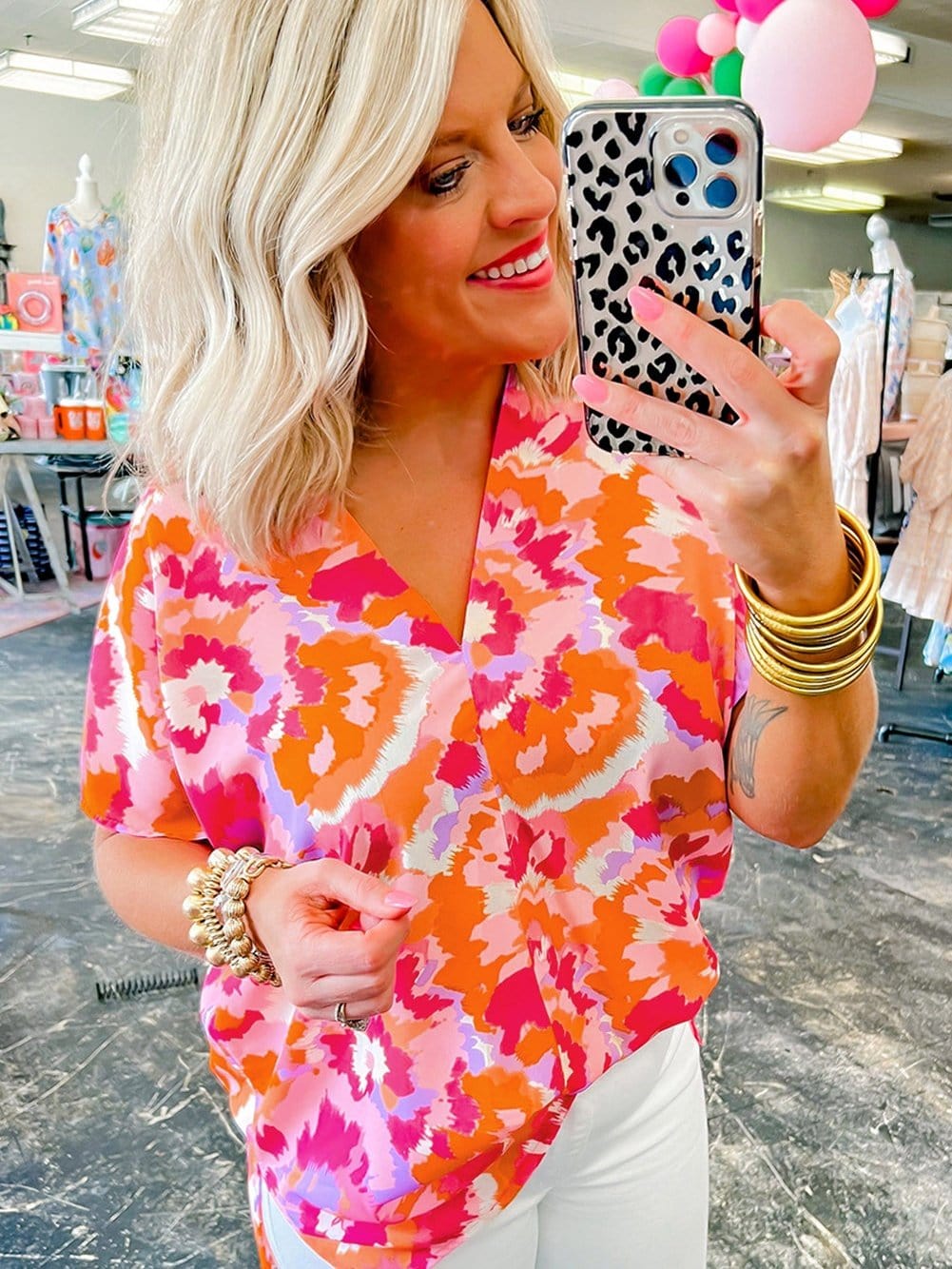 Rose Red Abstract Pattern V Neck Lightweight Summer Blouse