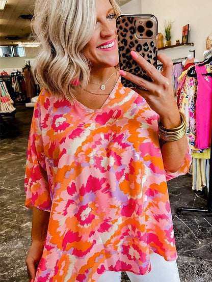 Rose Red Abstract Pattern V Neck Lightweight Summer Blouse