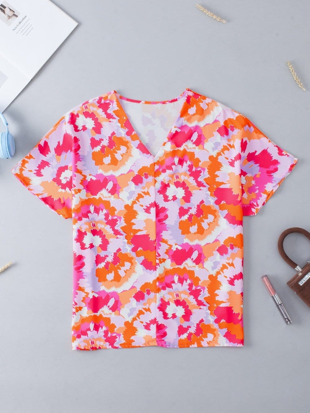 Rose Red Abstract Pattern V Neck Lightweight Summer Blouse