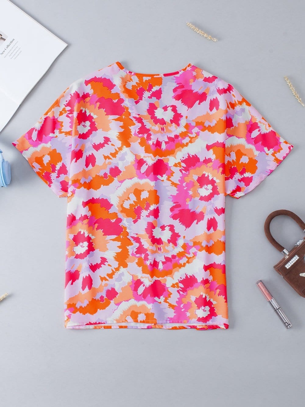 Rose Red Abstract Pattern V Neck Lightweight Summer Blouse