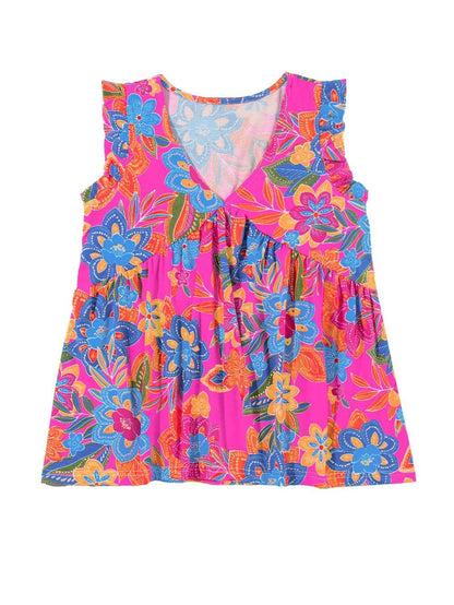 Rose Red Bohemian Floral Flounce V Neck Sleeveless Top