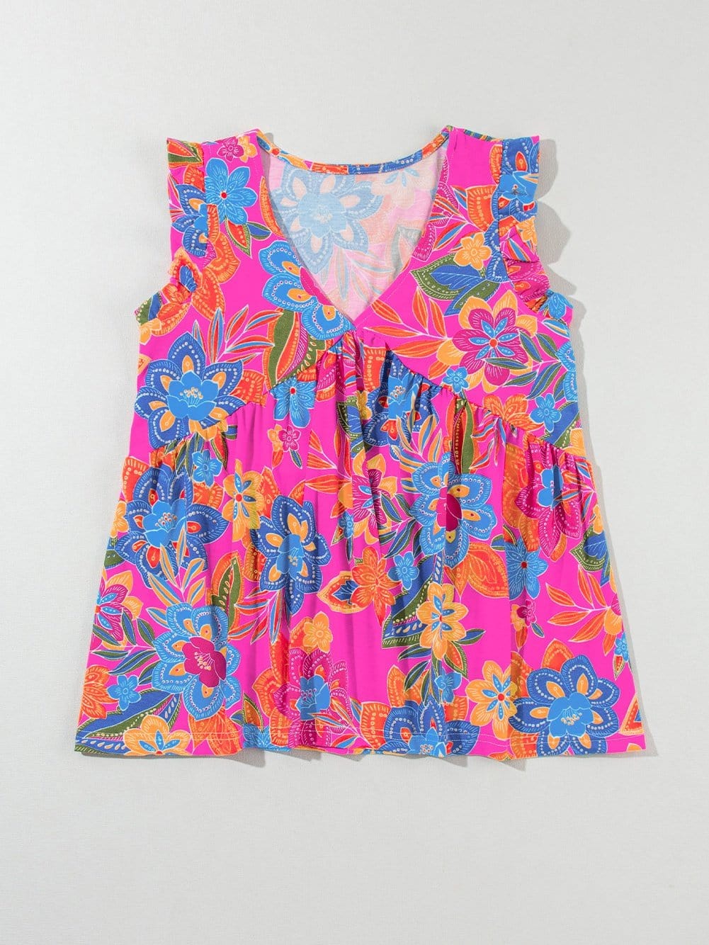 Rose Red Bohemian Floral Flounce V Neck Sleeveless Top