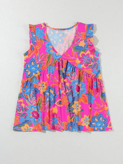 Rose Red Bohemian Floral Flounce V Neck Sleeveless Top