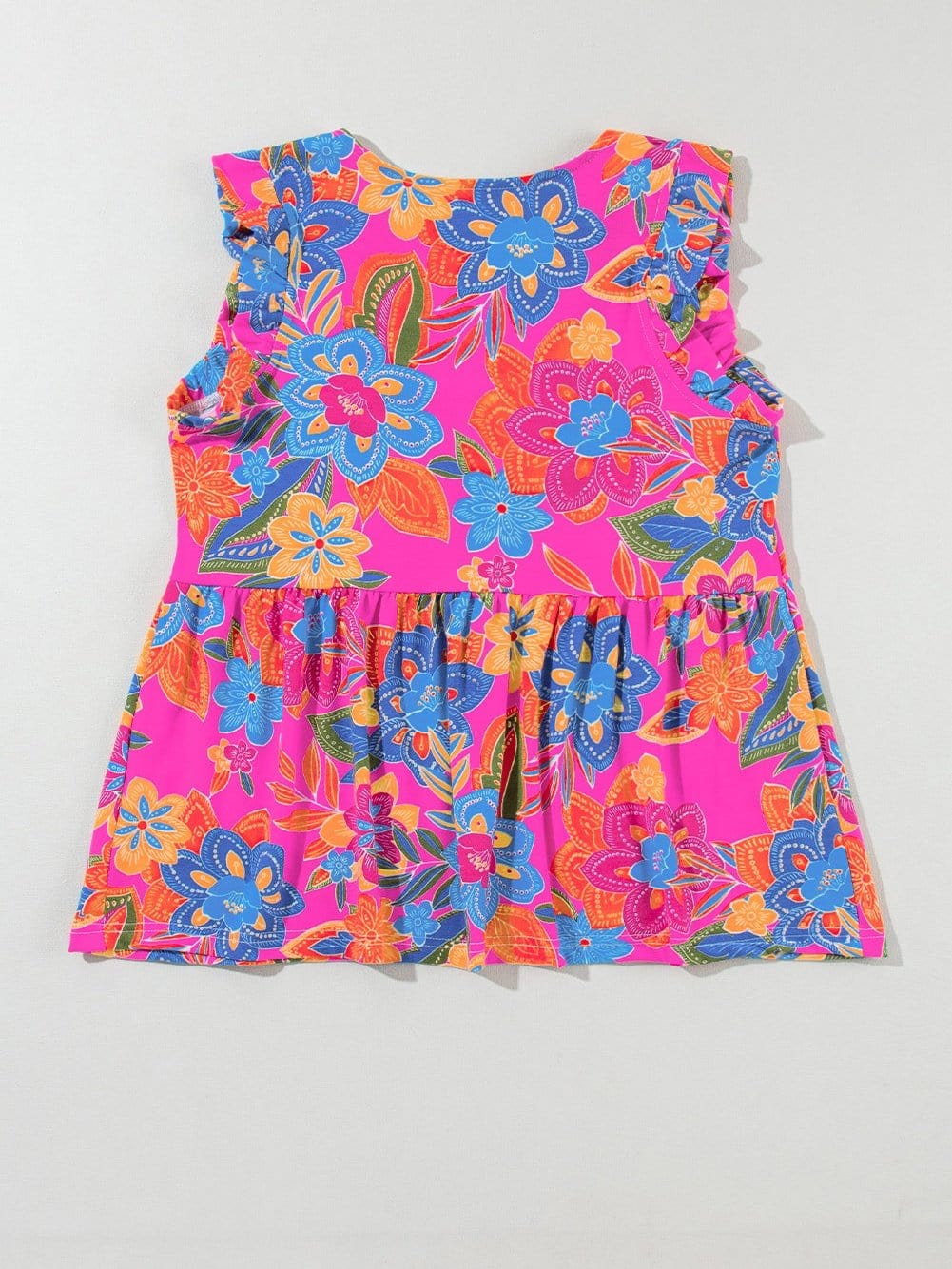 Rose Red Bohemian Floral Flounce V Neck Sleeveless Top