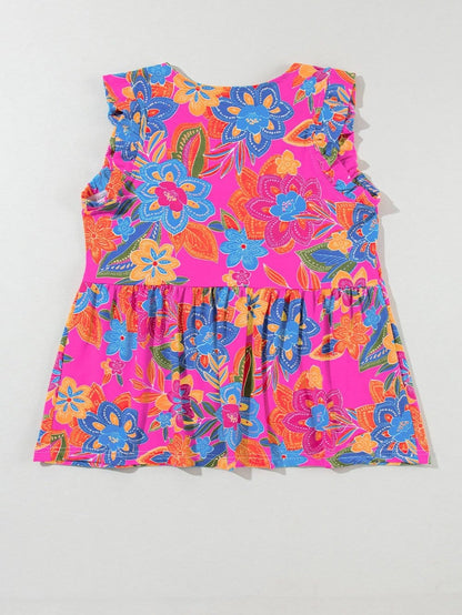Rose Red Bohemian Floral Flounce V Neck Sleeveless Top