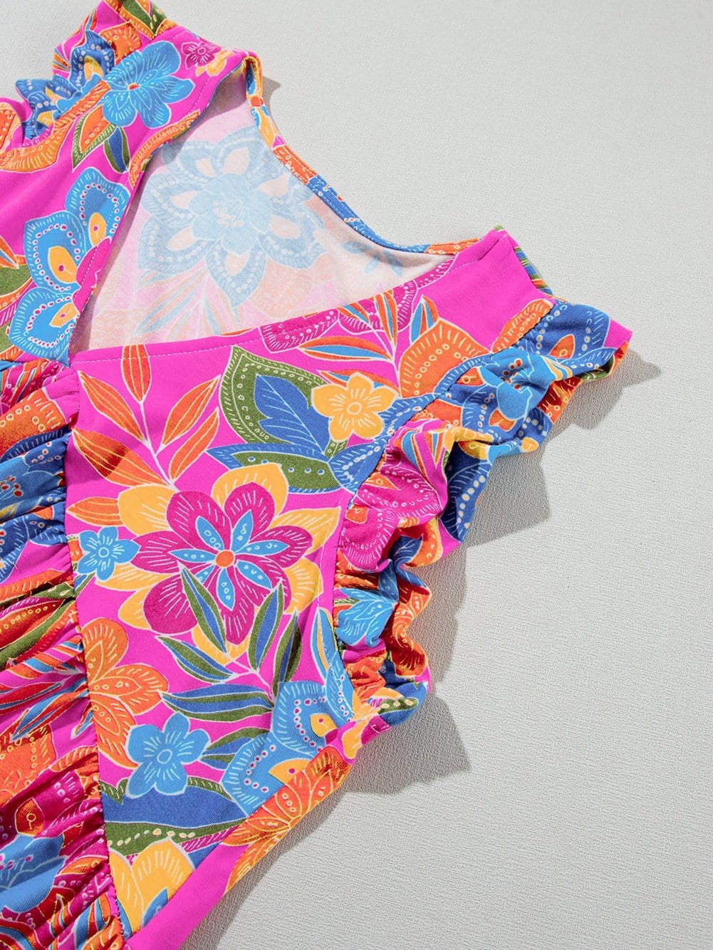 Rose Red Bohemian Floral Flounce V Neck Sleeveless Top