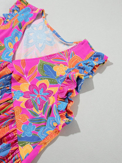 Rose Red Bohemian Floral Flounce V Neck Sleeveless Top