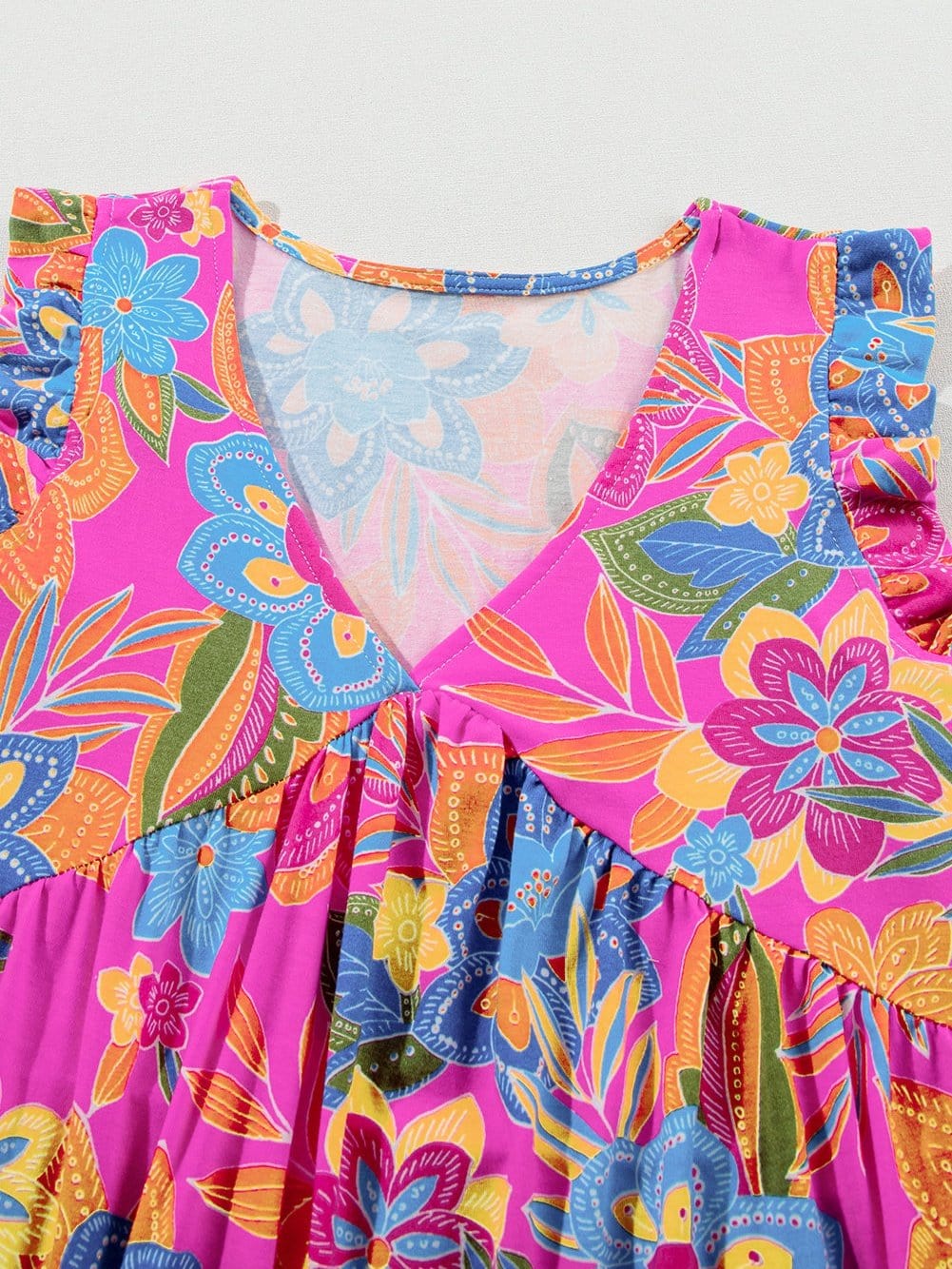 Rose Red Bohemian Floral Flounce V Neck Sleeveless Top