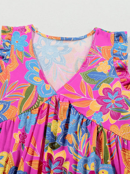 Rose Red Bohemian Floral Flounce V Neck Sleeveless Top