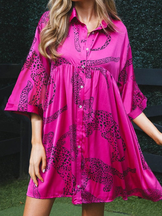 Rose Red Cheetah Print A-Line Mini Dress with Bell Sleeves