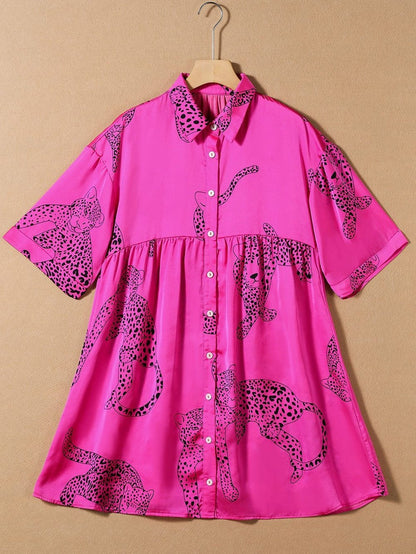 Rose Red Cheetah Print A-Line Mini Dress with Bell Sleeves