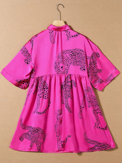 Rose Red Cheetah Print A-Line Mini Dress with Bell Sleeves