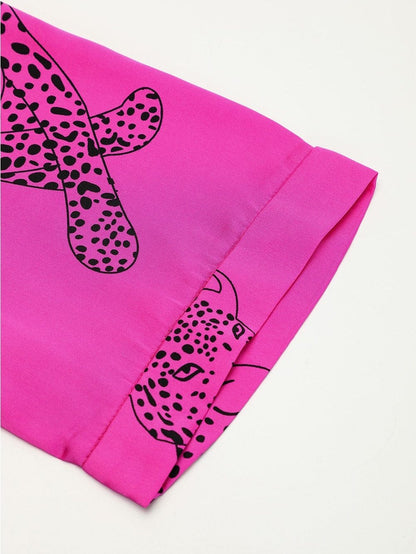 Rose Red Cheetah Print A-Line Mini Dress with Bell Sleeves