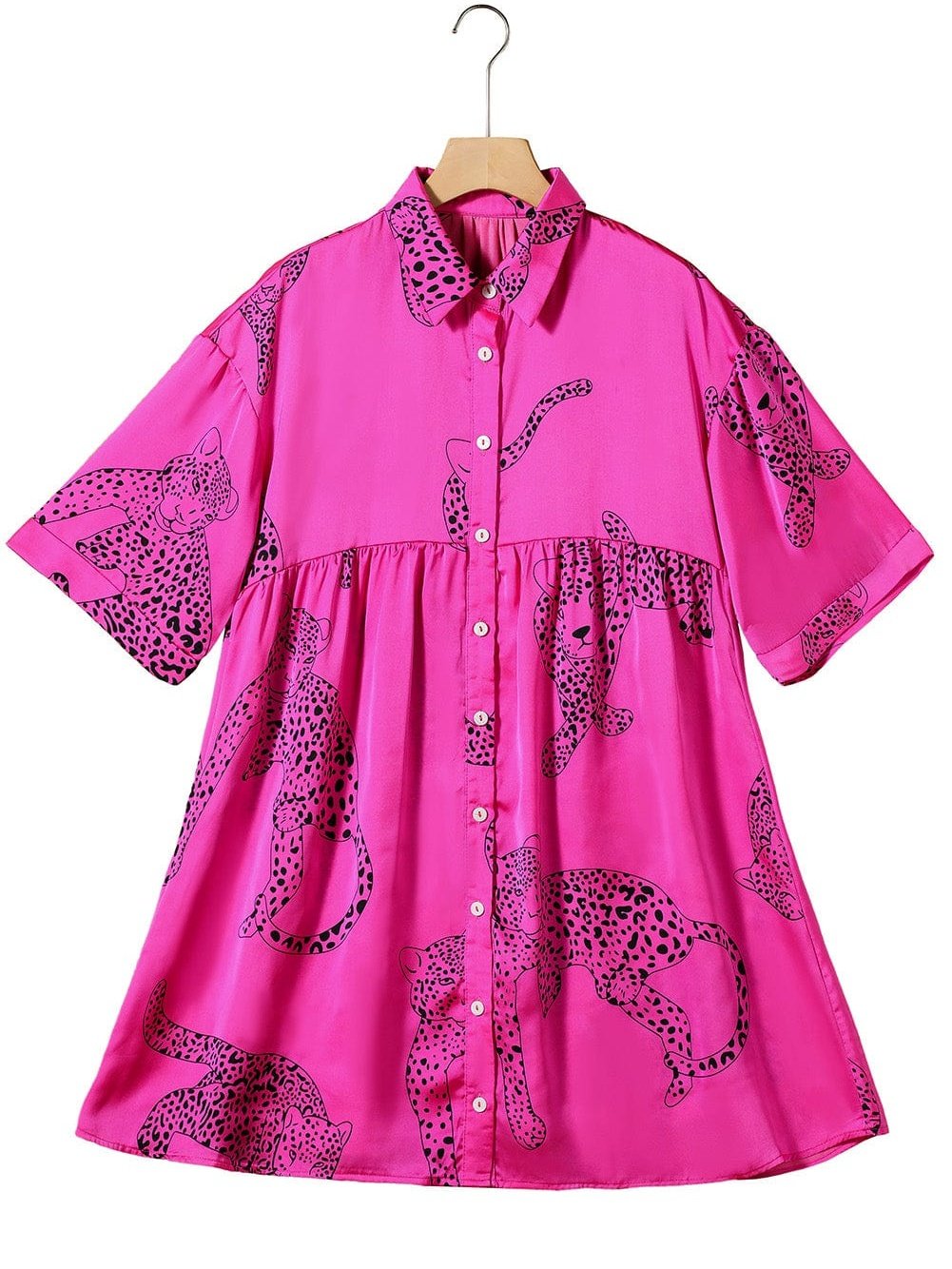 Rose Red Cheetah Print A-Line Mini Dress with Bell Sleeves