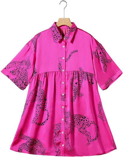 Rose Red Cheetah Print A-Line Mini Dress with Bell Sleeves