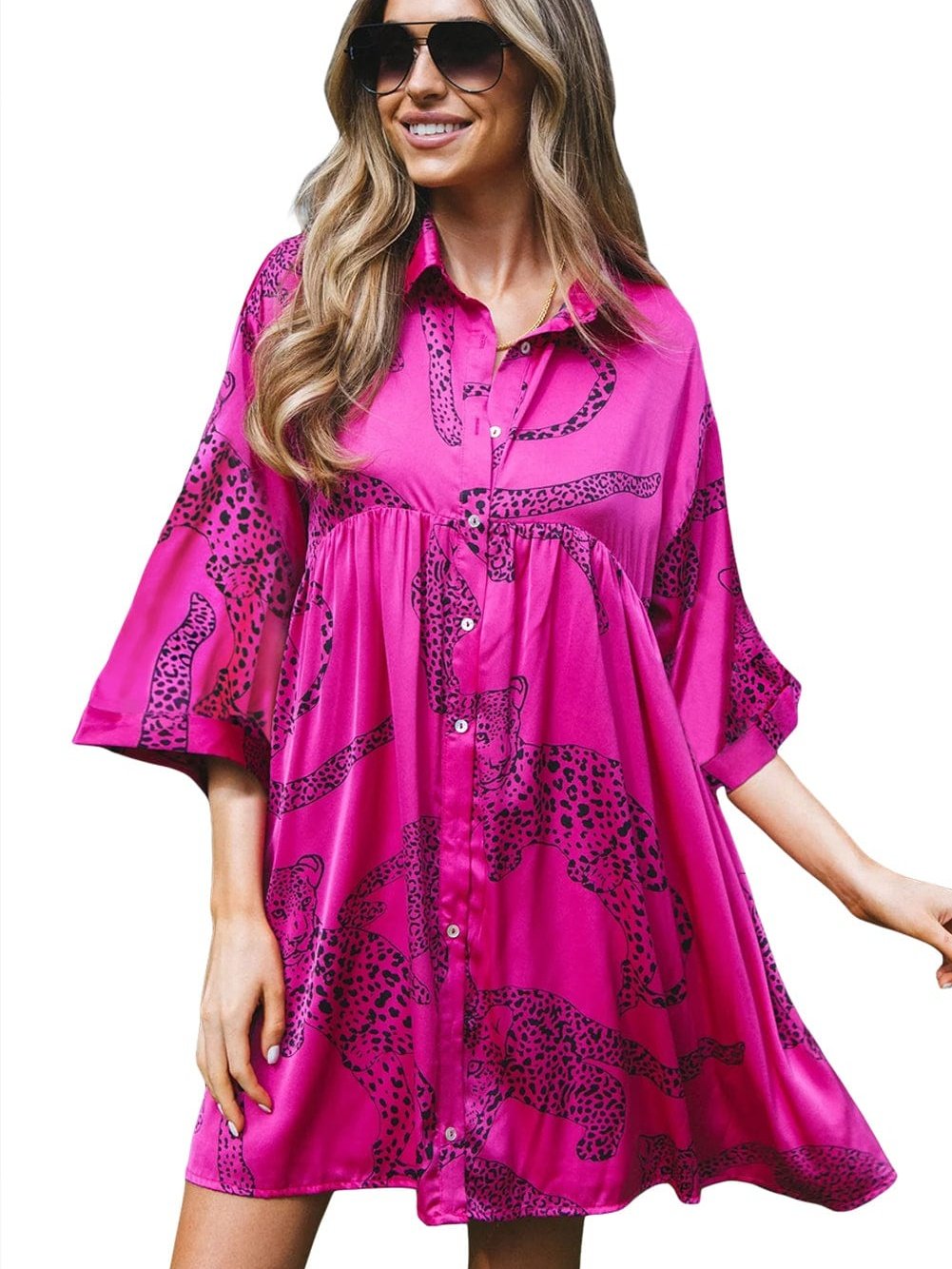 Rose Red Cheetah Print A-Line Mini Dress with Bell Sleeves