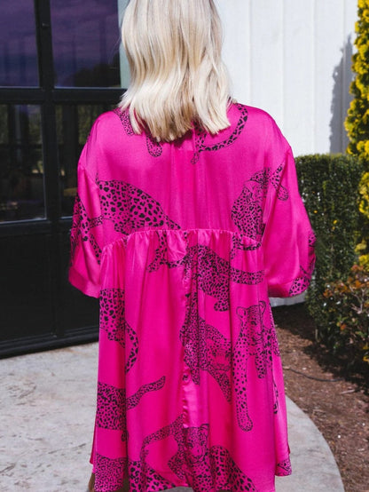 Rose Red Cheetah Print A-Line Mini Dress with Bell Sleeves