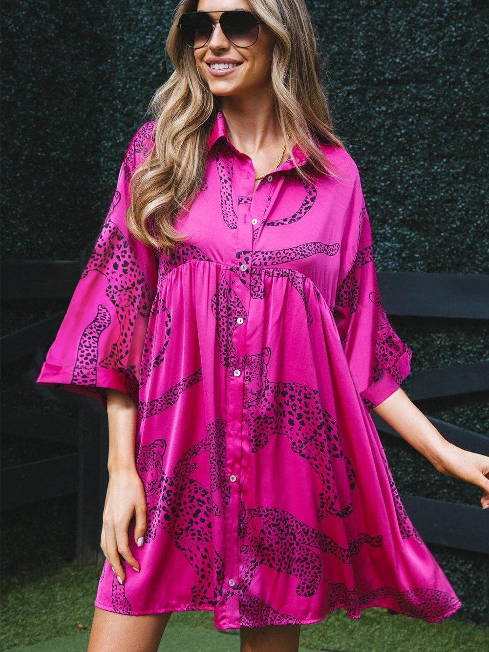 Rose Red Cheetah Print A-Line Mini Dress with Bell Sleeves