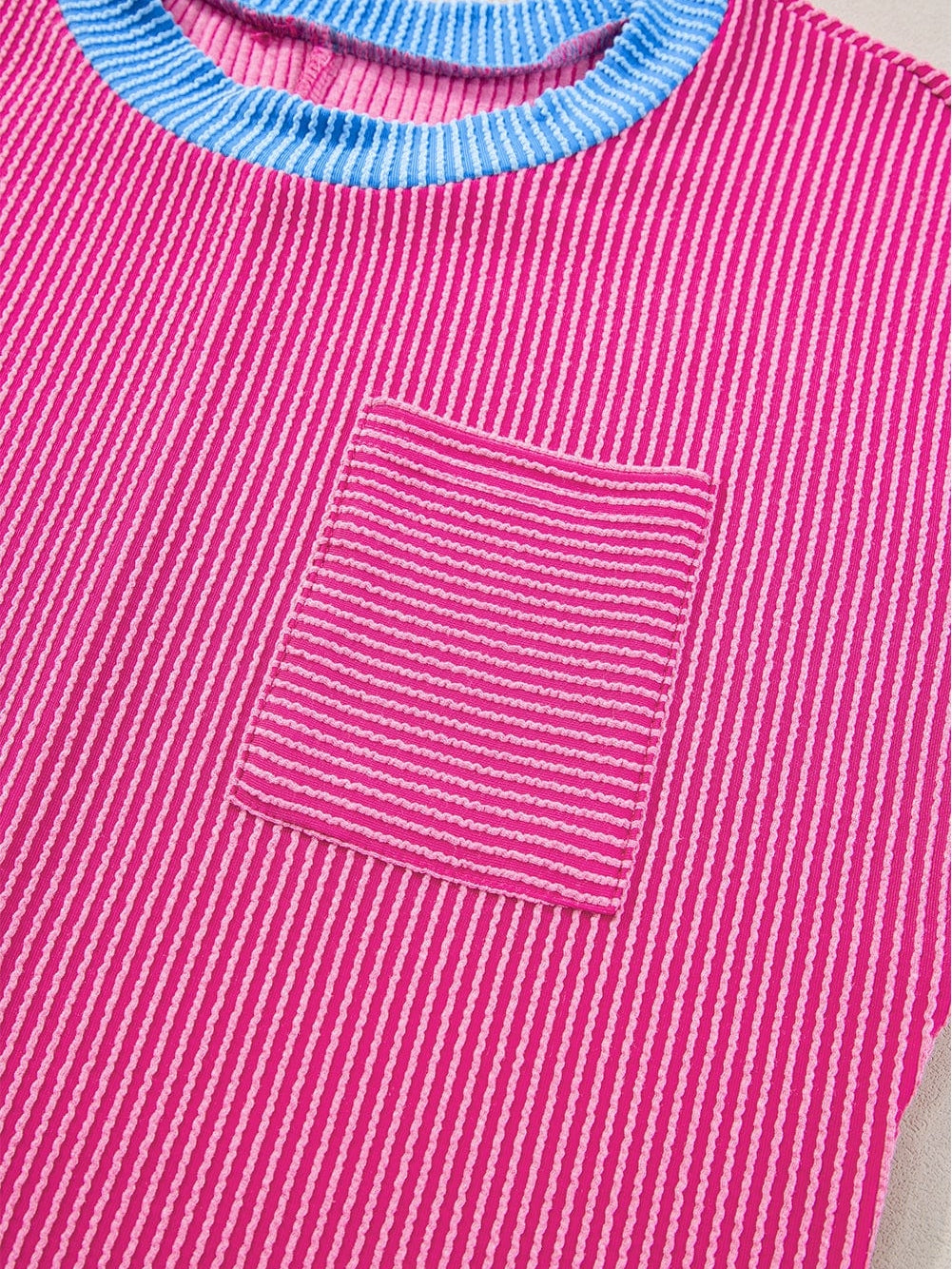 Rose Red Color Block Textured Edge Patched Pocket Tunic Dress