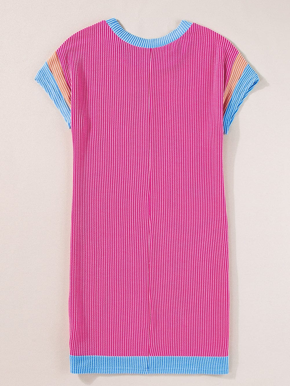 Rose Red Color Block Textured Edge Patched Pocket Tunic Dress