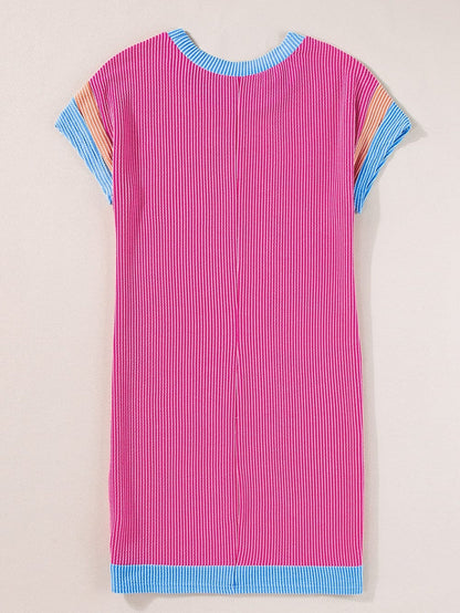 Rose Red Color Block Textured Edge Patched Pocket Tunic Dress
