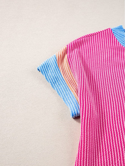 Rose Red Color Block Textured Edge Patched Pocket Tunic Dress