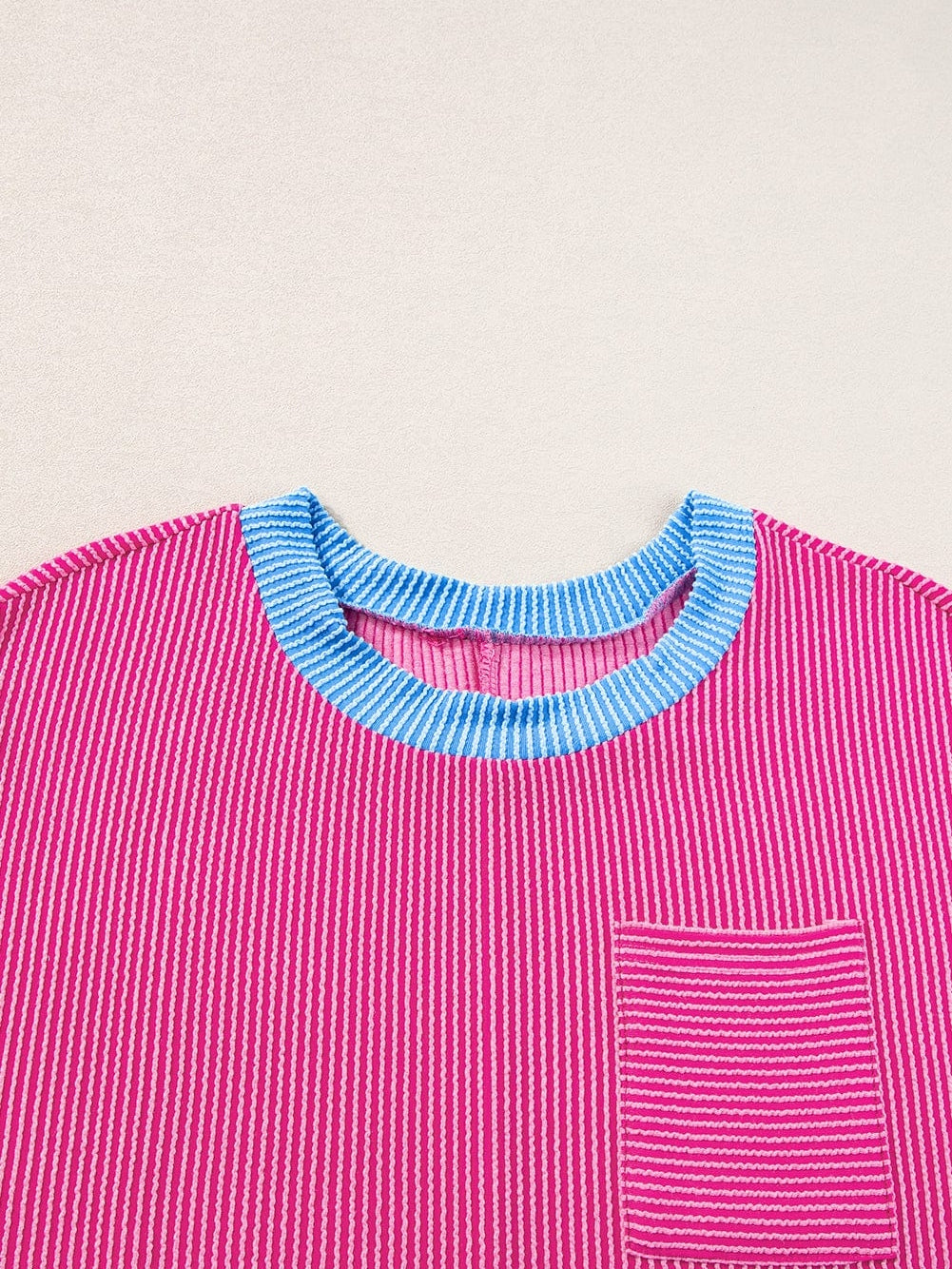 Rose Red Color Block Textured Edge Patched Pocket Tunic Dress