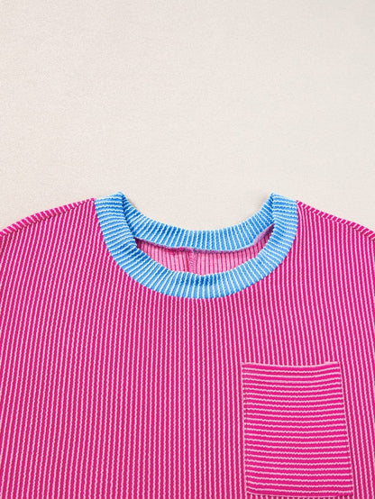 Rose Red Color Block Textured Edge Patched Pocket Tunic Dress