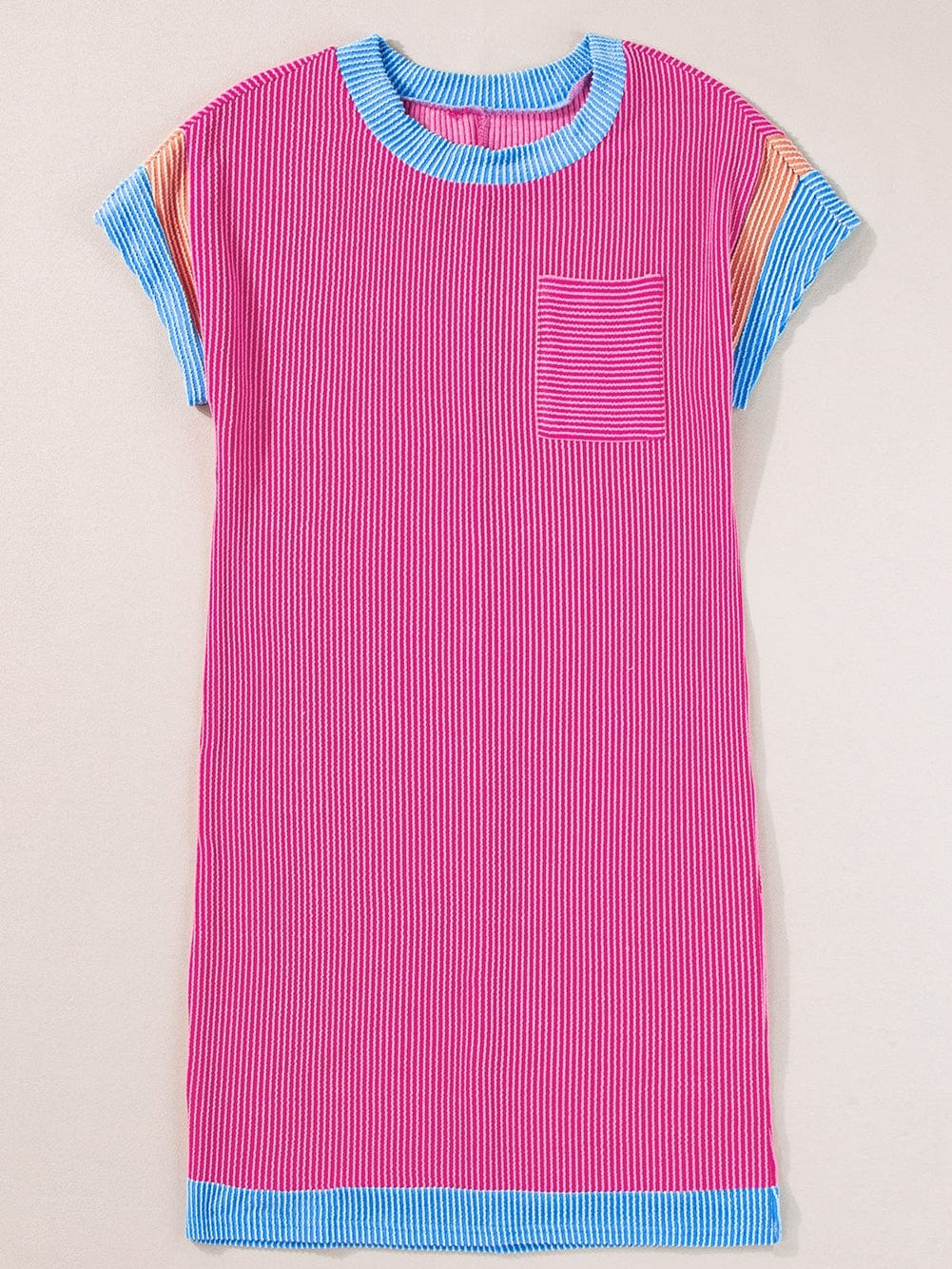 Rose Red Color Block Textured Edge Patched Pocket Tunic Dress