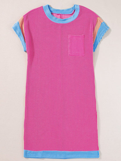 Rose Red Color Block Textured Edge Patched Pocket Tunic Dress