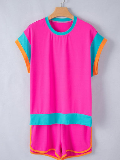 Rose Red Colorblock Cap Sleeve Tee and Shorts Set