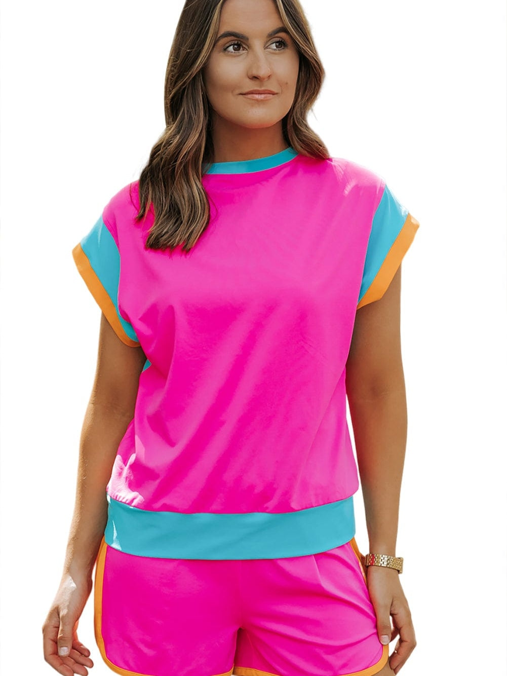 Rose Red Colorblock Cap Sleeve Tee and Shorts Set