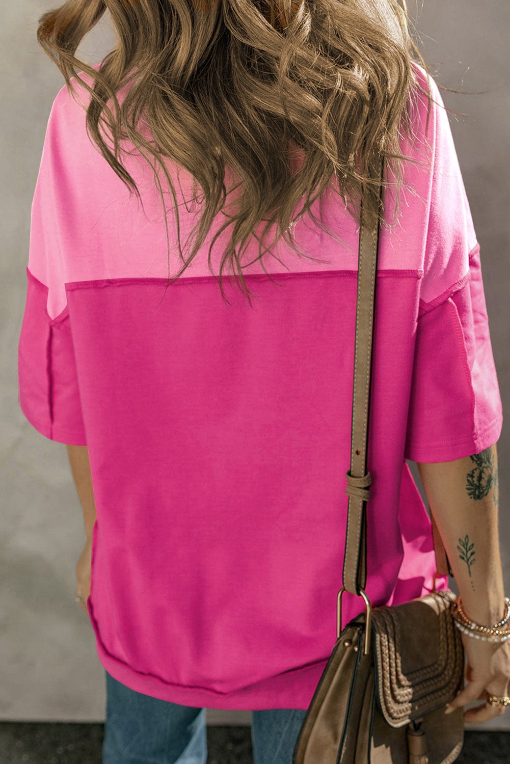 Rose Red Colorblock Patchwork Half Button Tee