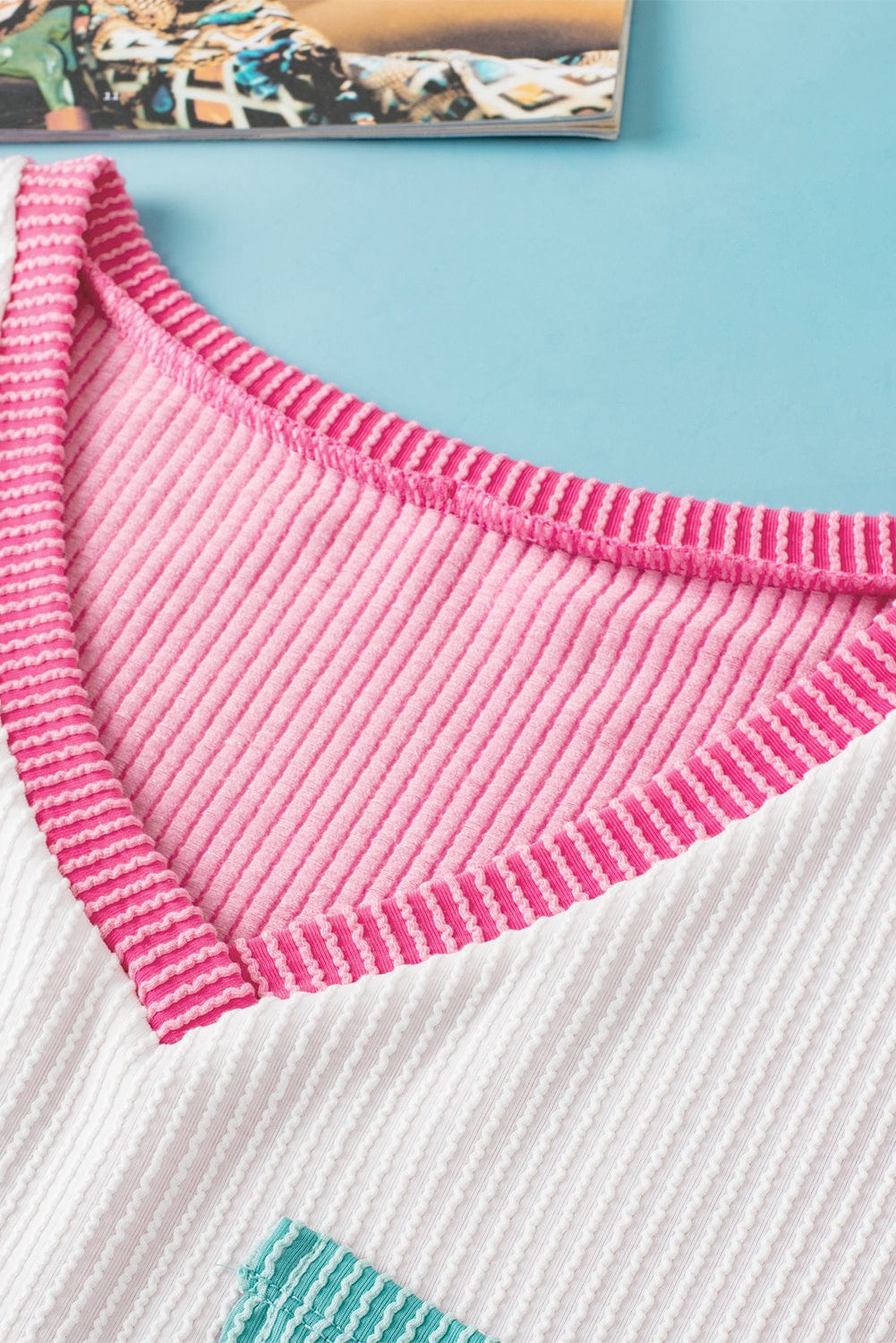 Rose Red Corded V Neck Tee with Color Block Patch Pocket