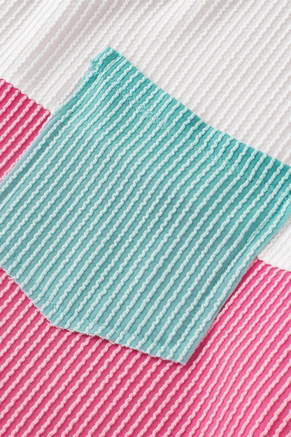 Rose Red Corded V Neck Tee with Color Block Patch Pocket