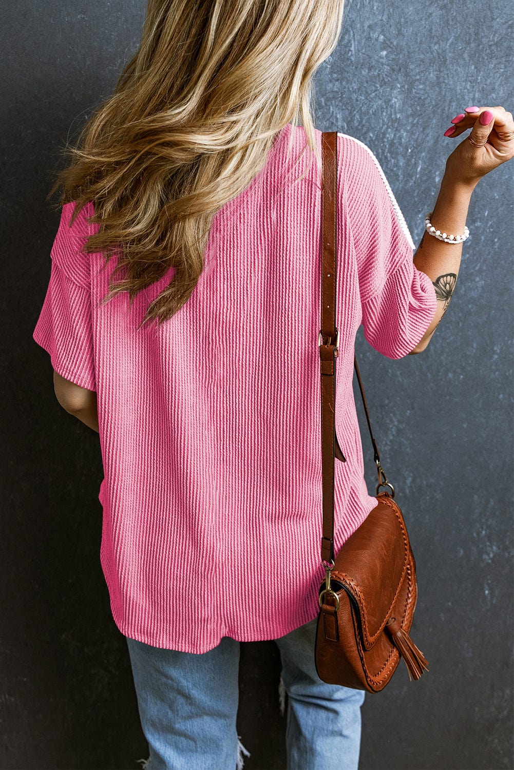 Rose Red Corded V Neck Tee with Color Block Patch Pocket