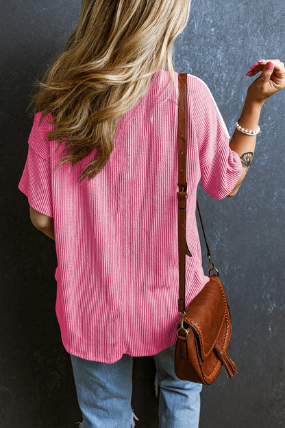 Rose Red Corded V Neck Tee with Color Block Patch Pocket