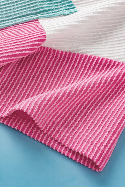 Rose Red Corded V Neck Tee with Color Block Patch Pocket