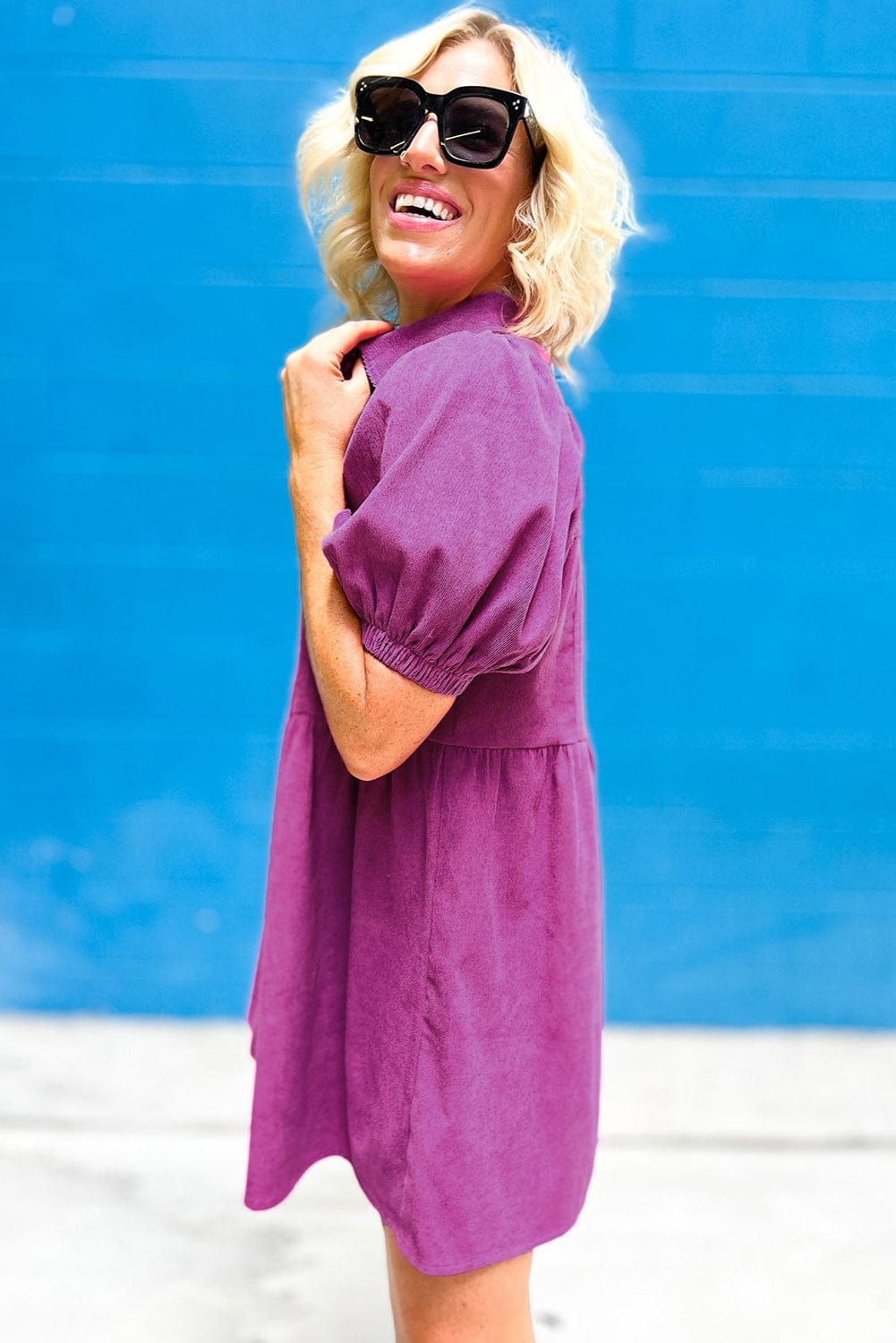 Rose Red Corduroy Puff Sleeve Collared Mini Dress