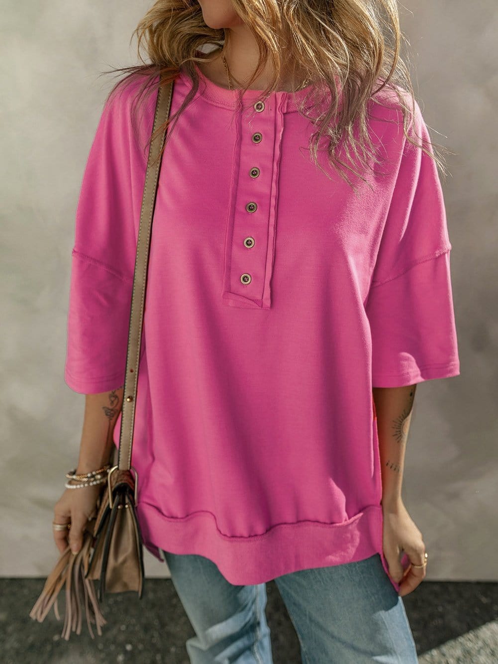 Rose Red Exposed Seam V-Neck Button Detail Tunic Top