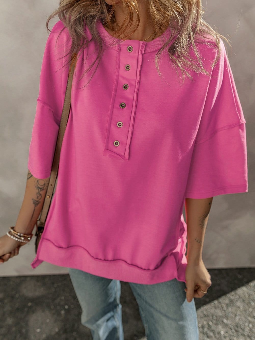 Rose Red Exposed Seam V-Neck Button Detail Tunic Top