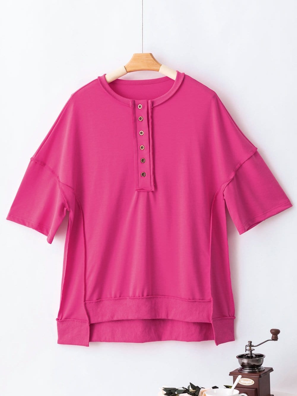 Rose Red Exposed Seam V-Neck Button Detail Tunic Top