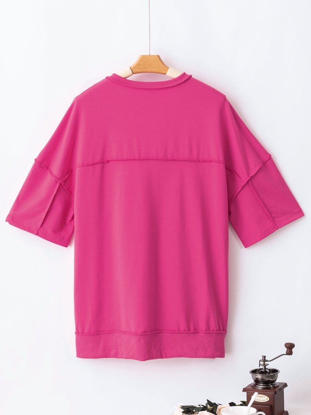 Rose Red Exposed Seam V-Neck Button Detail Tunic Top